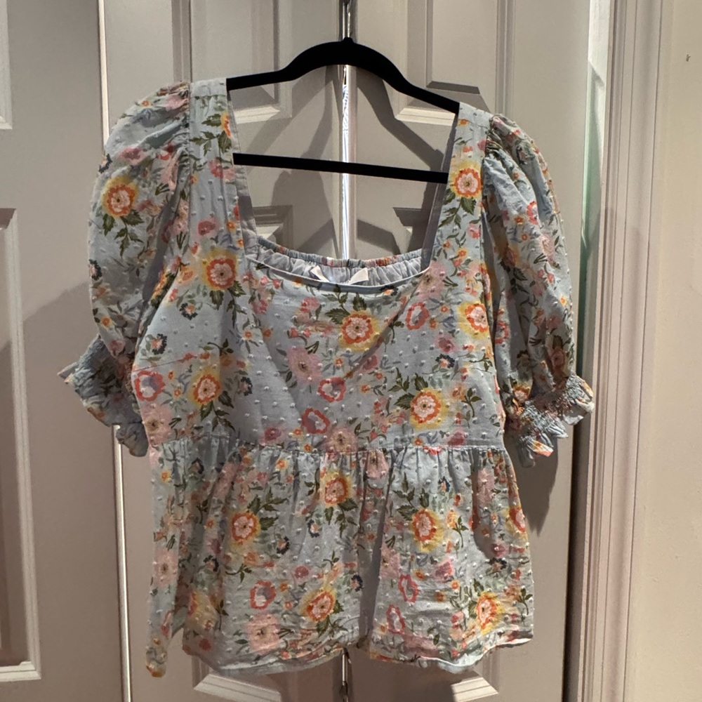 CROSBY by Mollie Burch Blue Puff Sleeve Peplum Blouse